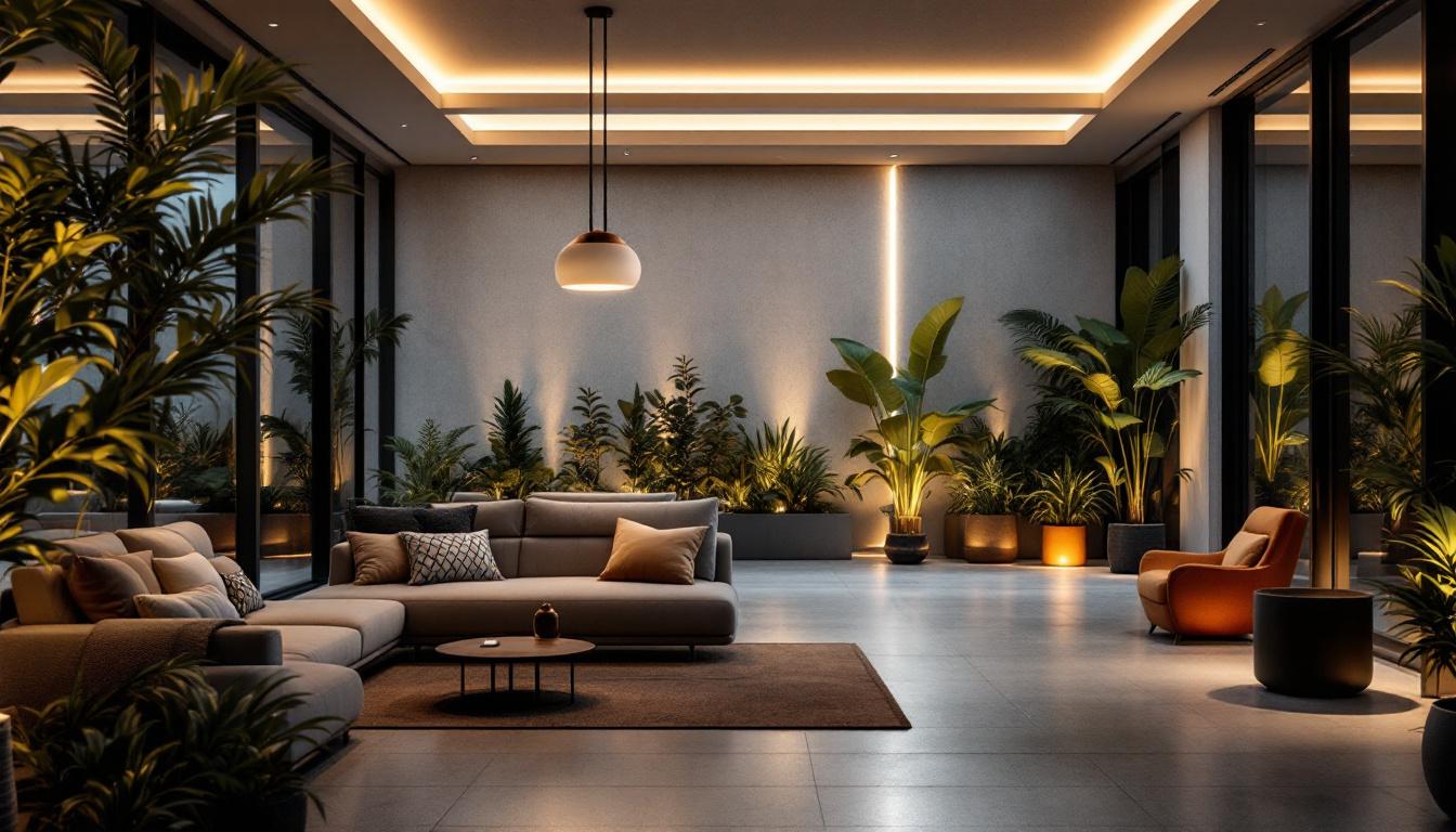 A photograph of a modern indoor or outdoor setting illuminated by various innovative led lighting designs