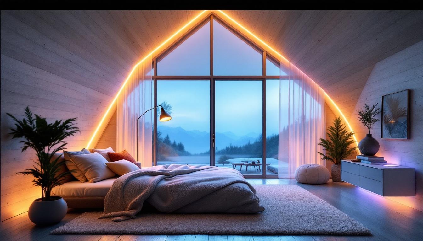 A photograph of a beautifully designed cabin interior featuring various innovative lighting solutions
