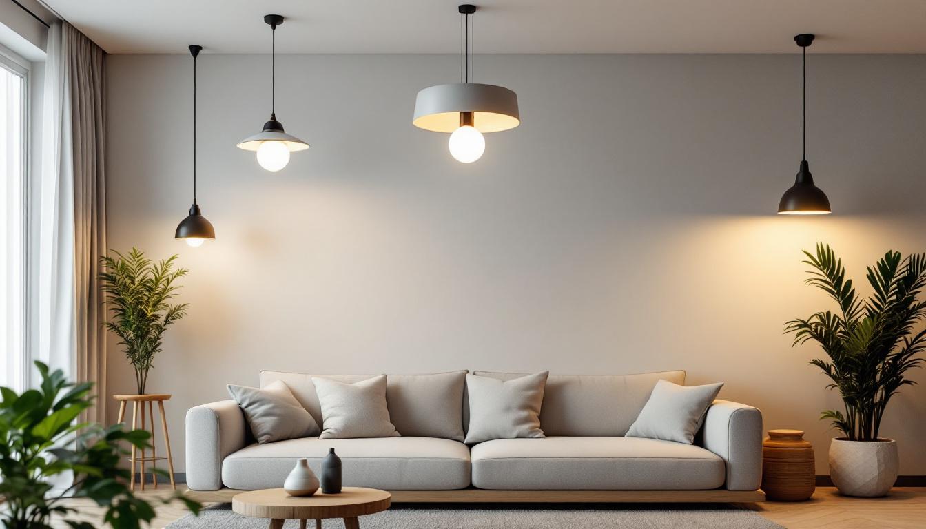 A photograph of a modern living space featuring a variety of stylish ceiling lights in use