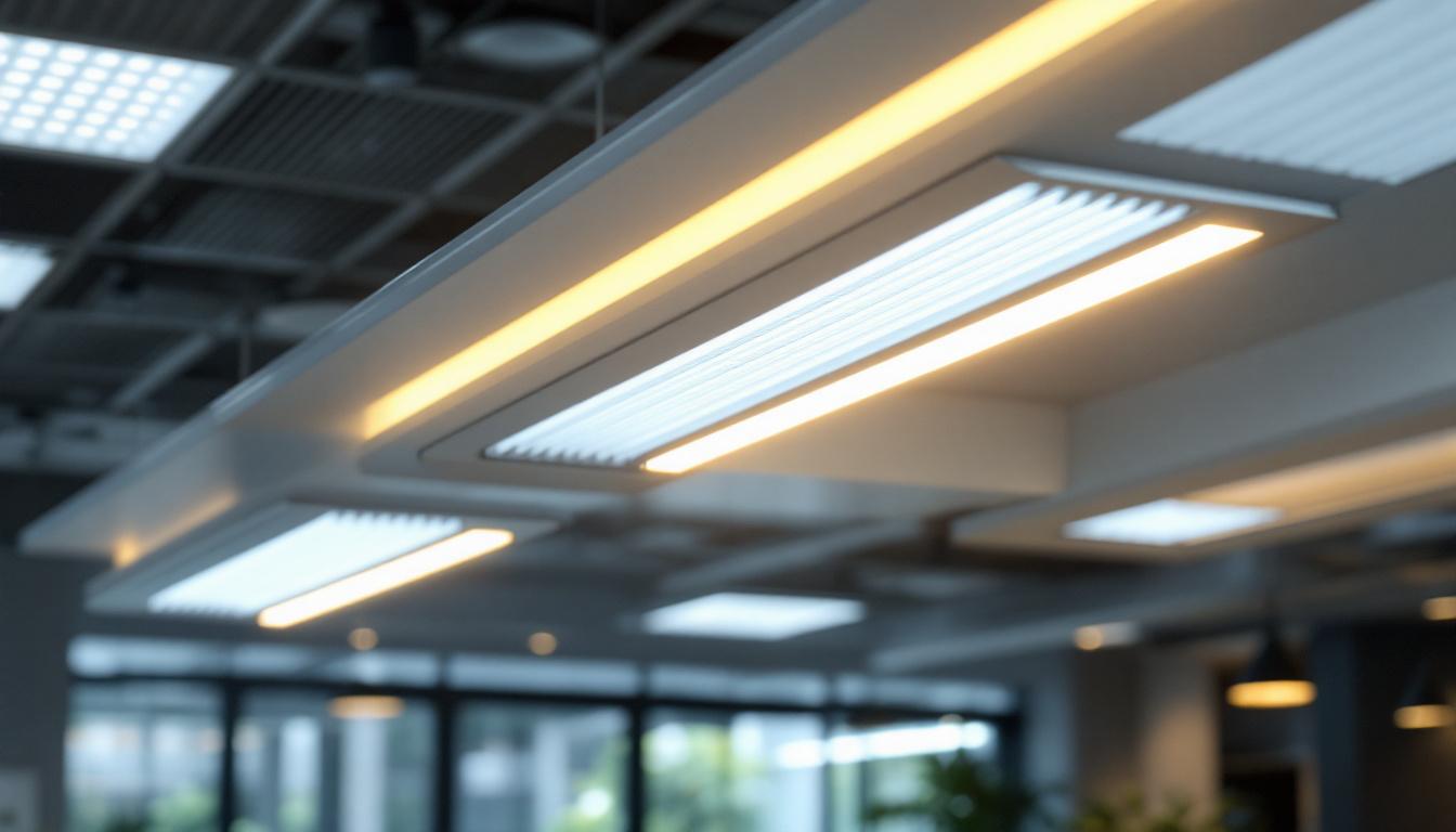 A photograph of capture a photograph of a modern lighting system featuring louvers in a well-lit commercial space