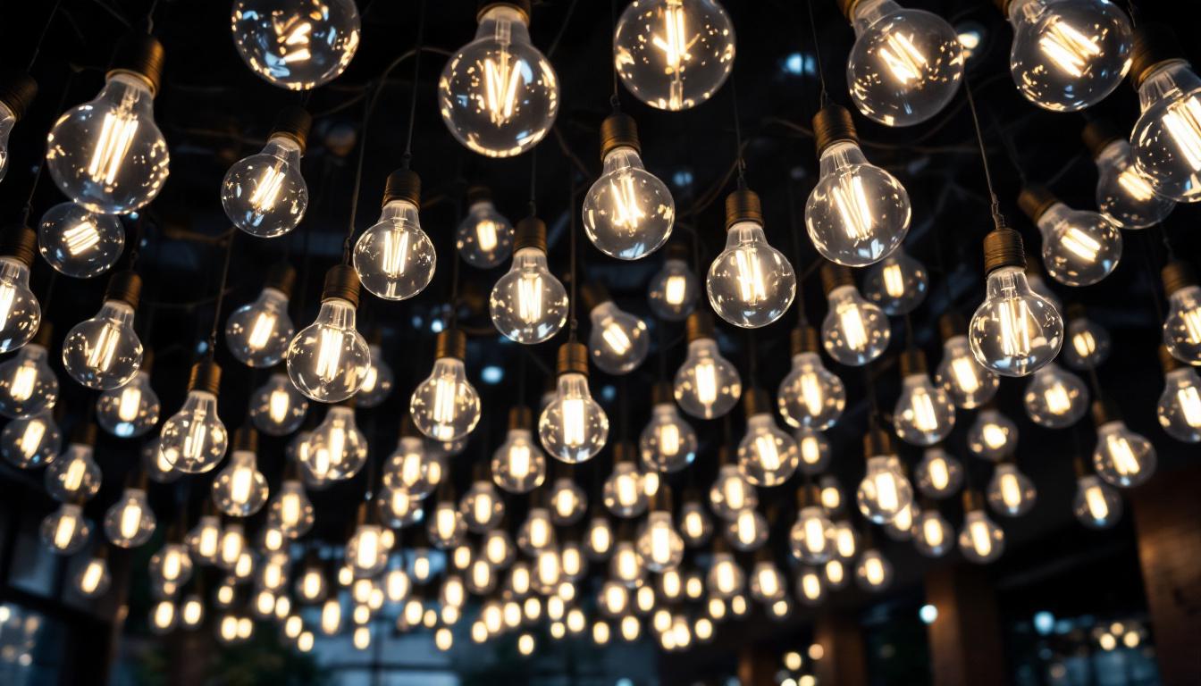 A photograph of a large-scale lighting installation featuring plastic light bulbs
