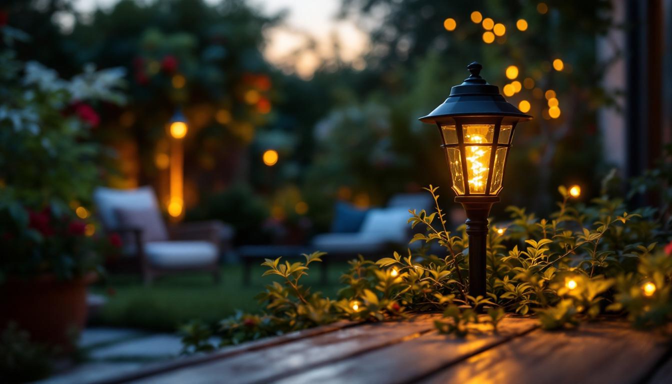 A photograph of a beautifully arranged outdoor setting featuring vintage-style solar lights illuminating a garden or patio at dusk