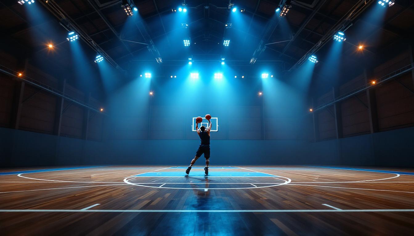 A photograph of a well-lit barn basketball court showcasing the electrical lighting system in action