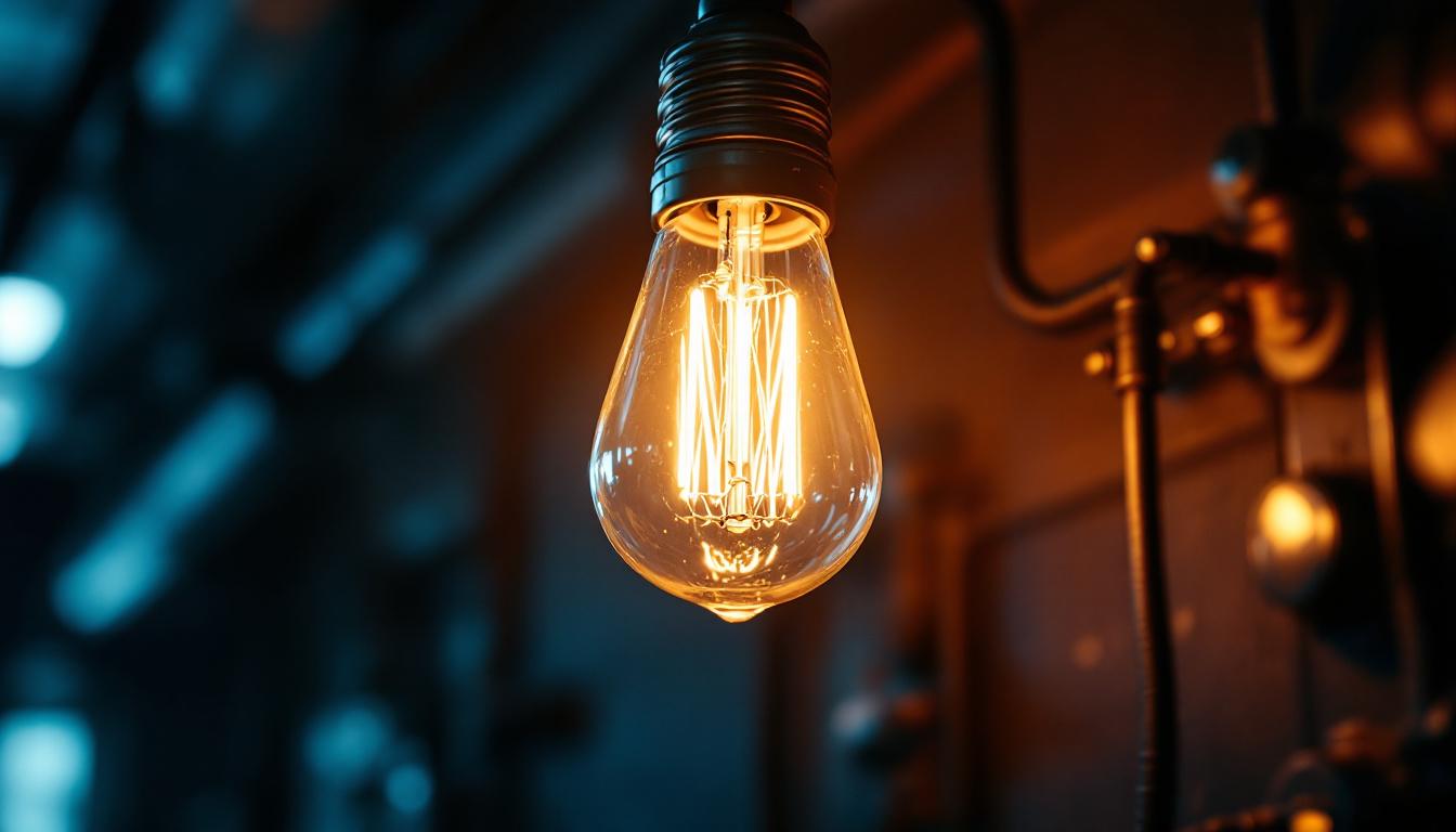 A photograph of a close-up of a fluorescent bulb illuminated in a modern lighting fixture