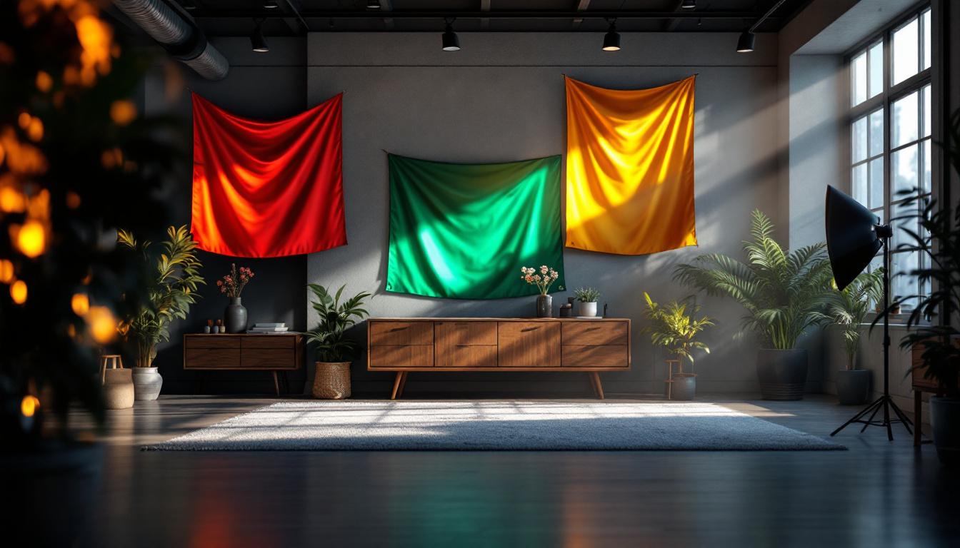 A photograph of a well-lit indoor scene showcasing various flags strategically placed to enhance the lighting effects