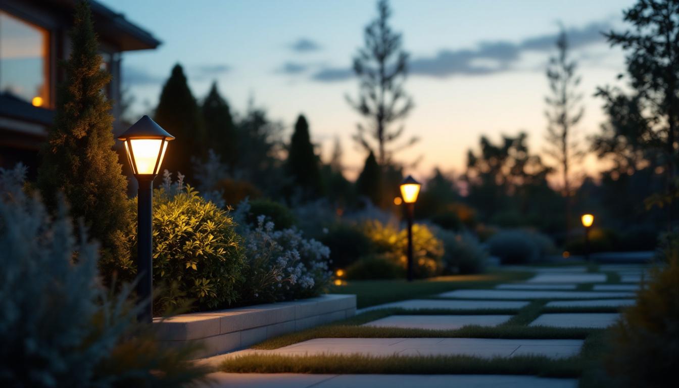 A photograph of a beautifully landscaped outdoor space illuminated by decorative flood light fixtures at dusk