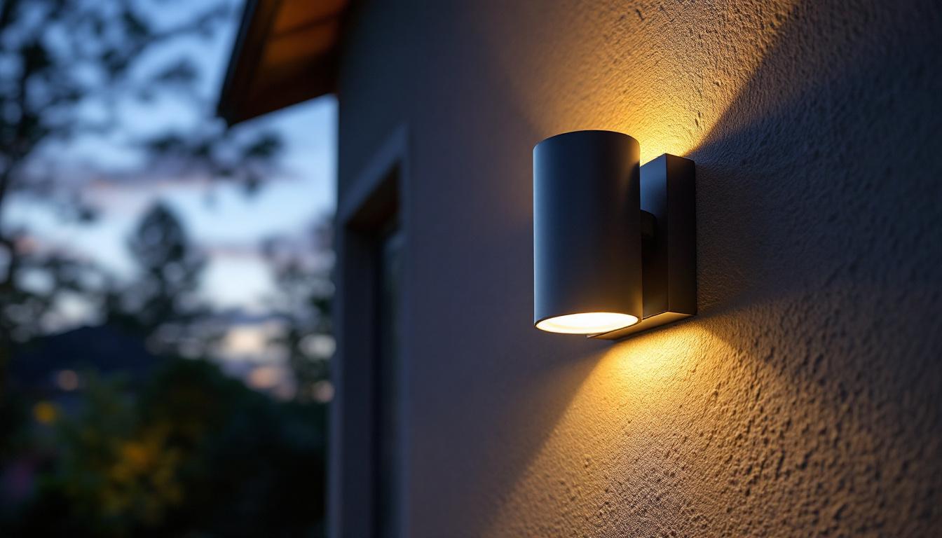 A photograph of a striking extra large outdoor wall light installed on a home exterior during twilight