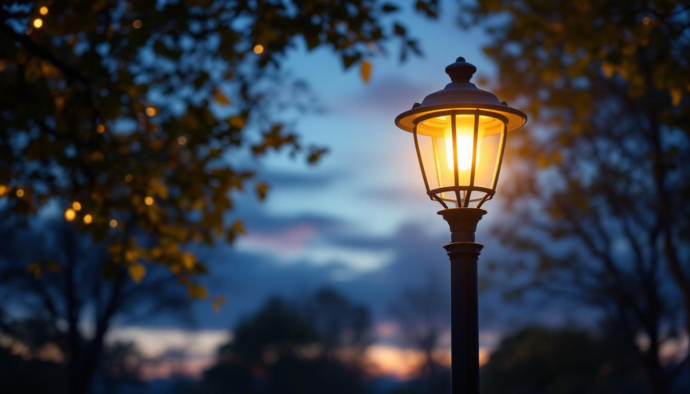A photograph of a beautifully illuminated large outdoor post light in a scenic outdoor setting