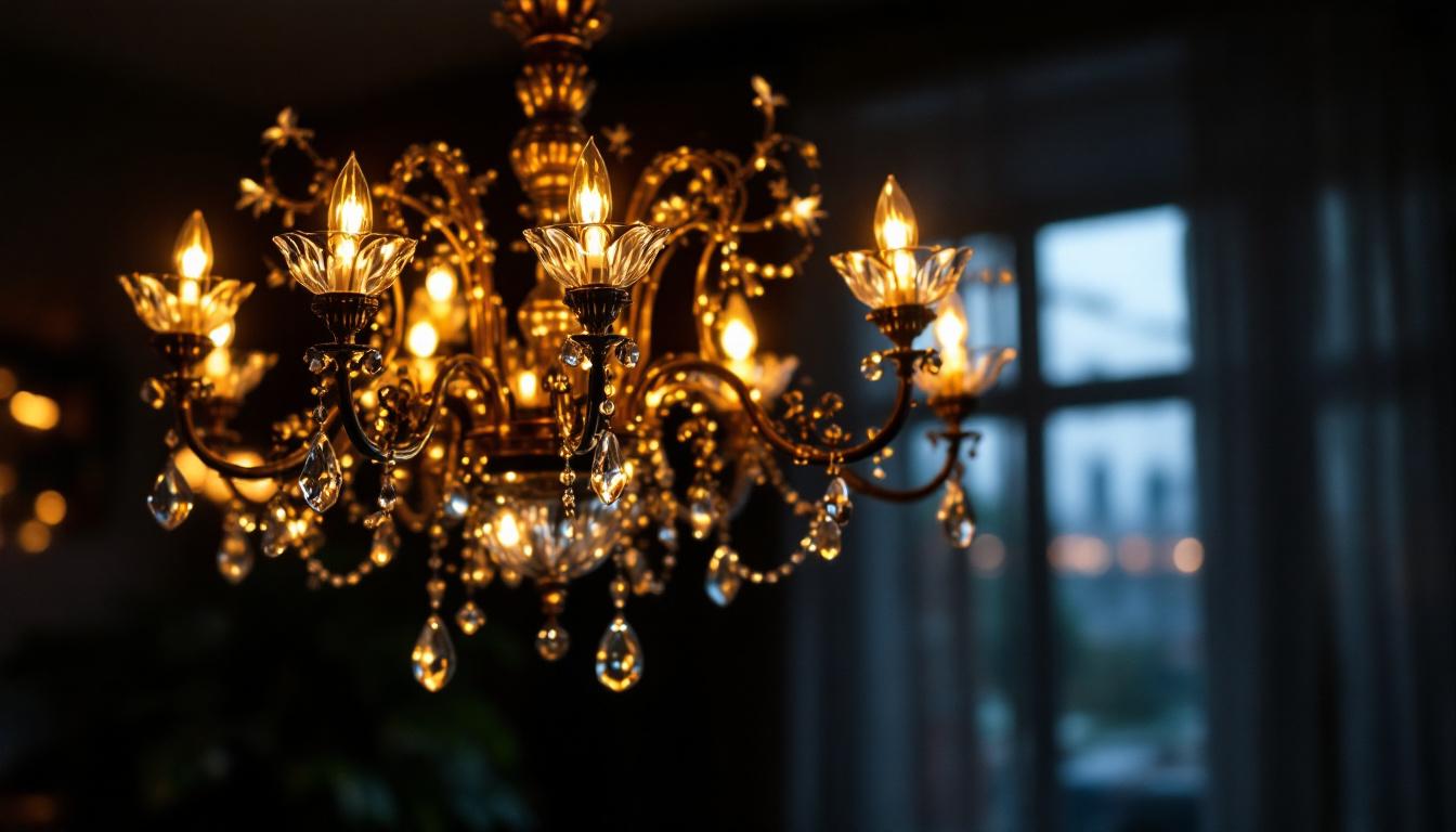 A photograph of a beautifully designed chandelier illuminated in a stylish setting