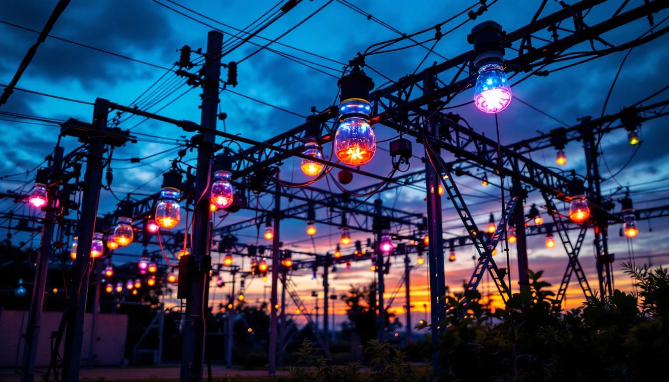A photograph of a large-scale outdoor lighting installation at dusk