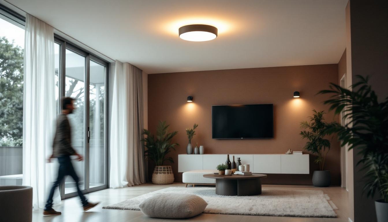 A photograph of capture a photograph of a ceiling mount motion sensor light installed in a modern living space