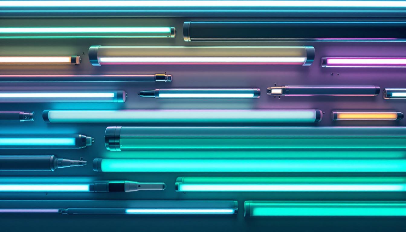 A photograph of a well-organized display of various lengths of fluorescent tubes
