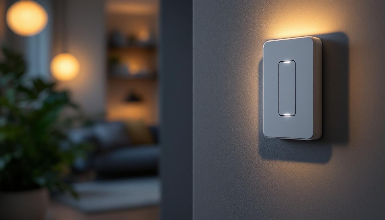 A photograph of a modern wifi-enabled light switch installed on a stylish wall