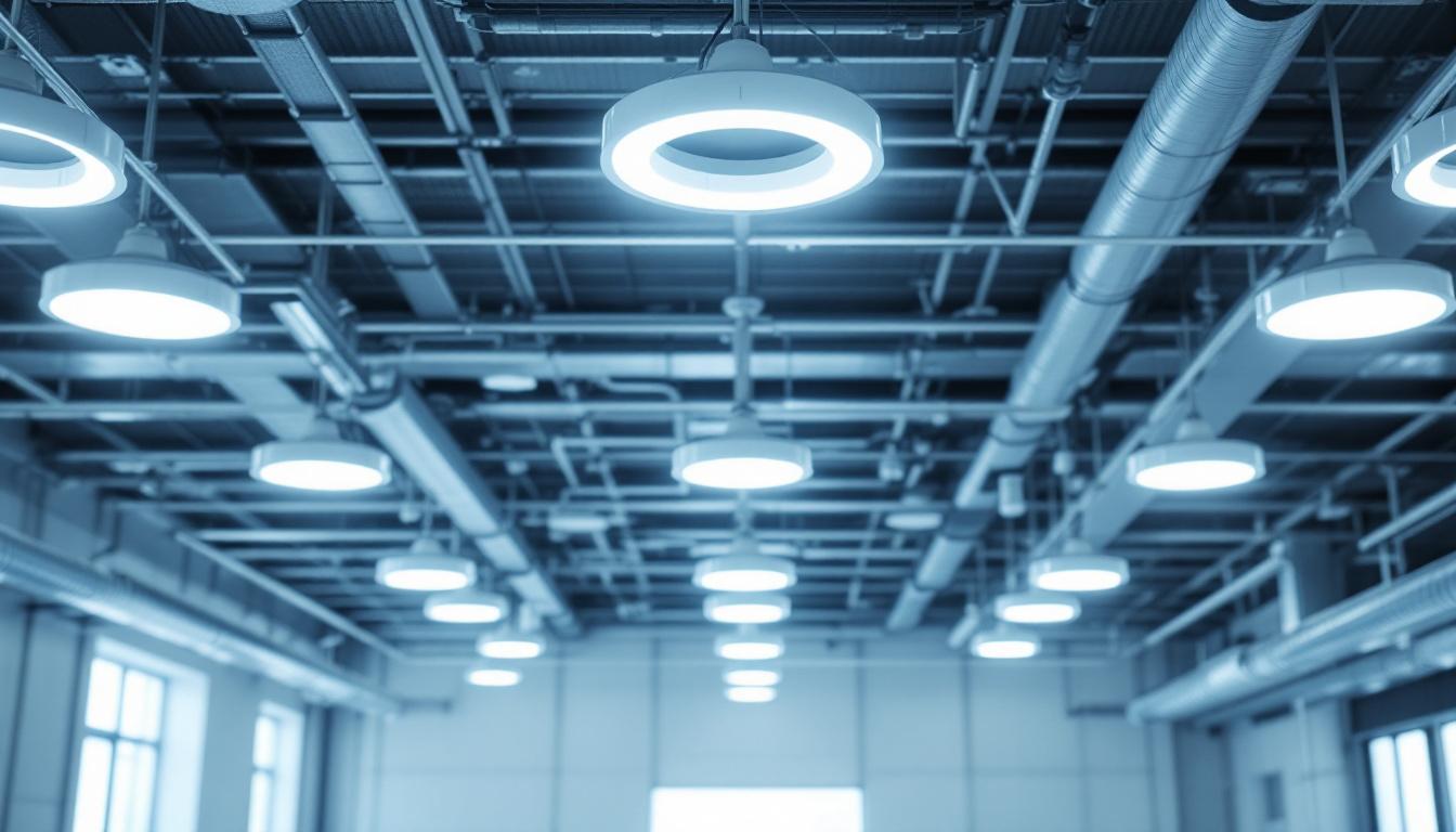 A photograph of a modern industrial space featuring sleek