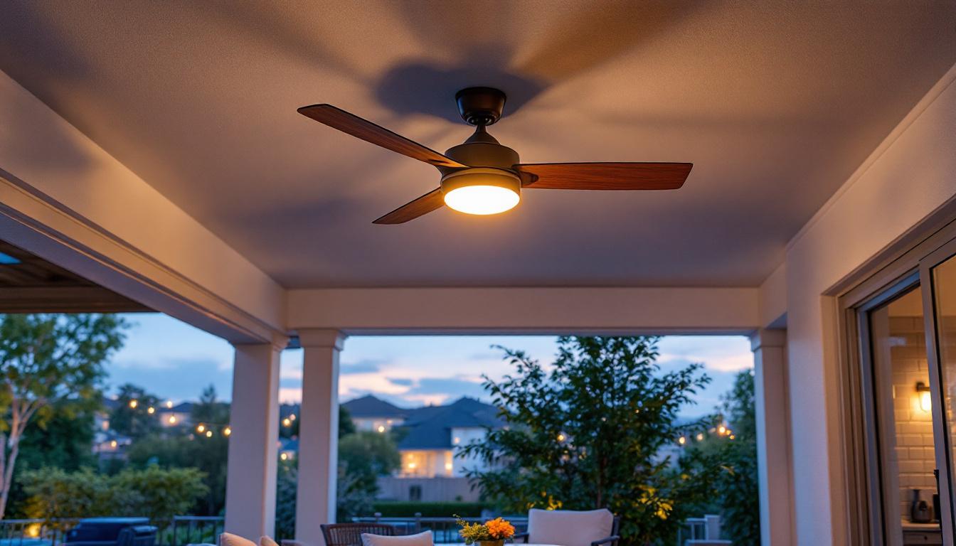 A photograph of a spacious outdoor patio featuring a stylish large ceiling fan with integrated lights