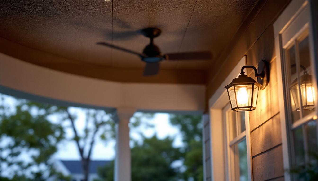 A photograph of a beautifully designed outdoor porch ceiling light installed in an inviting porch setting