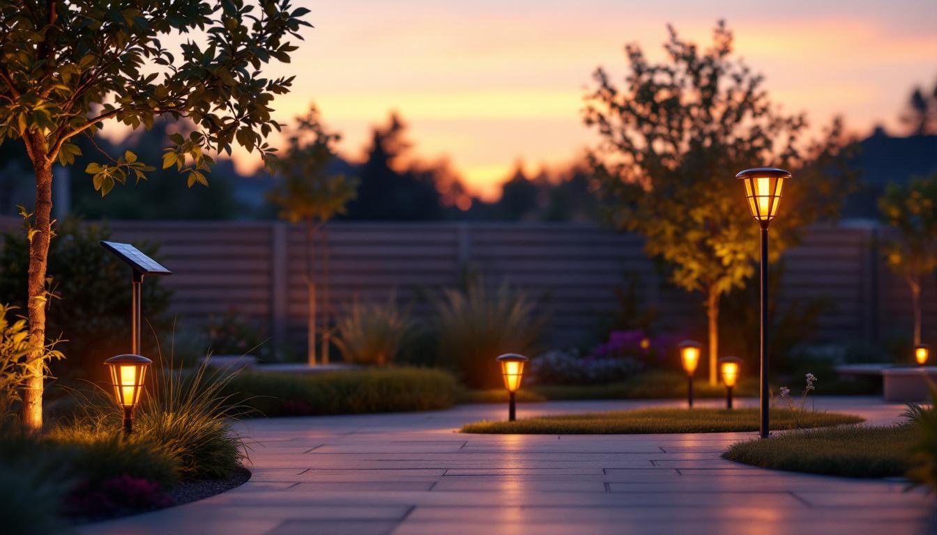 A photograph of a beautifully illuminated outdoor space featuring various solar lights in use