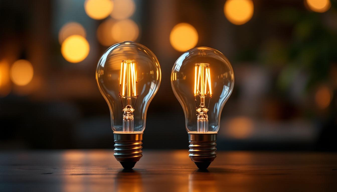 A photograph of a side-by-side comparison of a traditional incandescent bulb and an led bulb