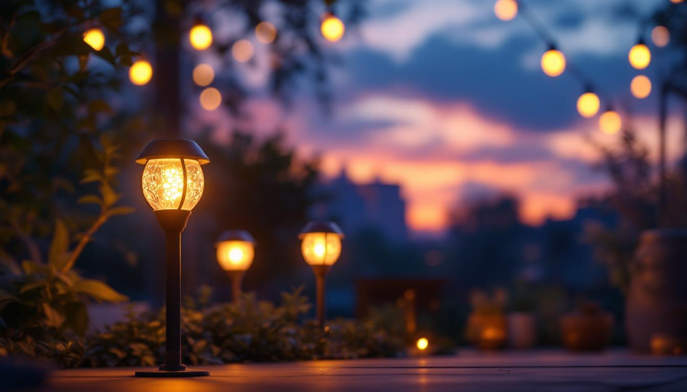 A photograph of a beautifully illuminated outdoor space featuring solar-powered accent lights