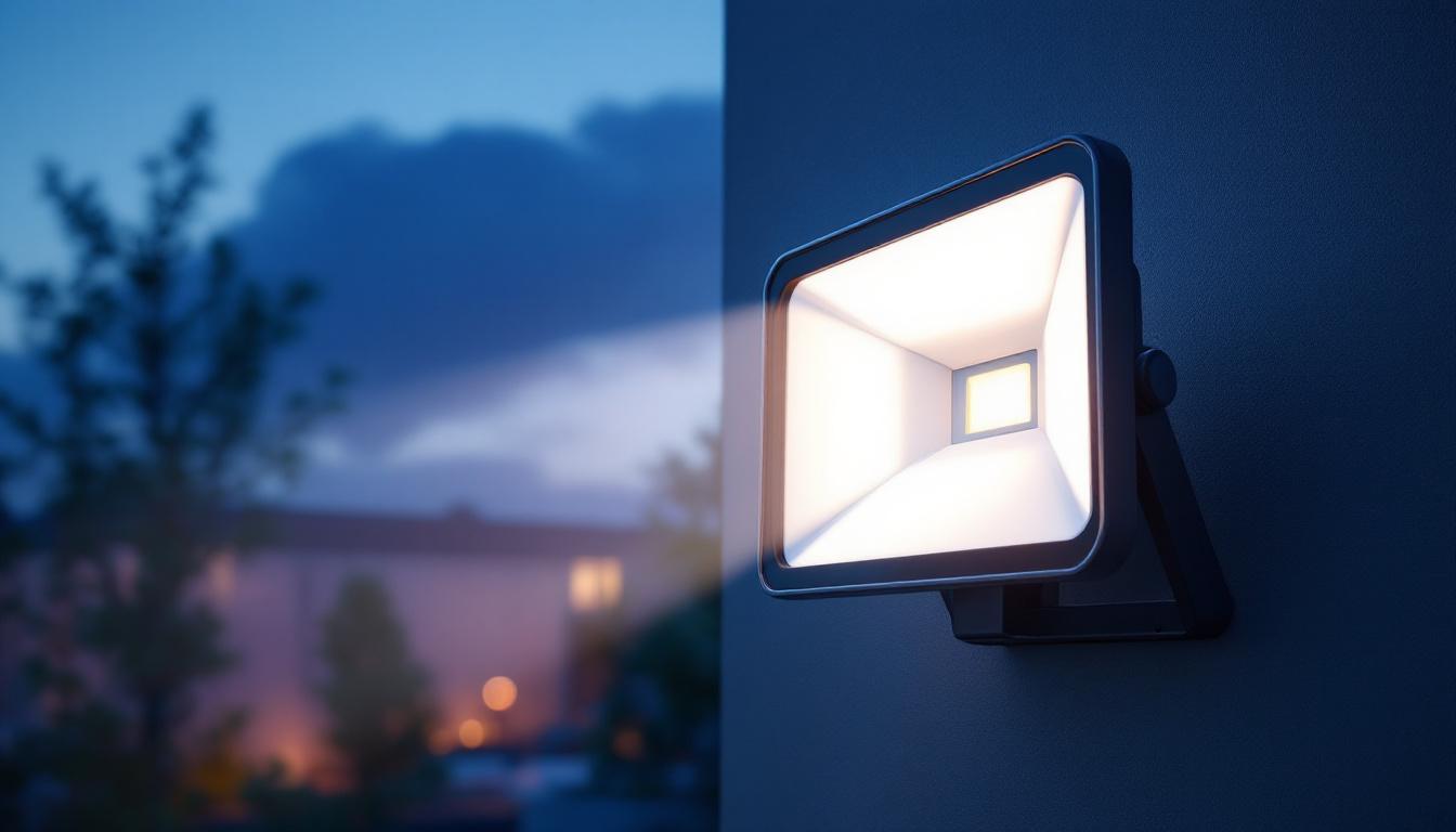 A photograph of a dusk-lit scene featuring a sleek