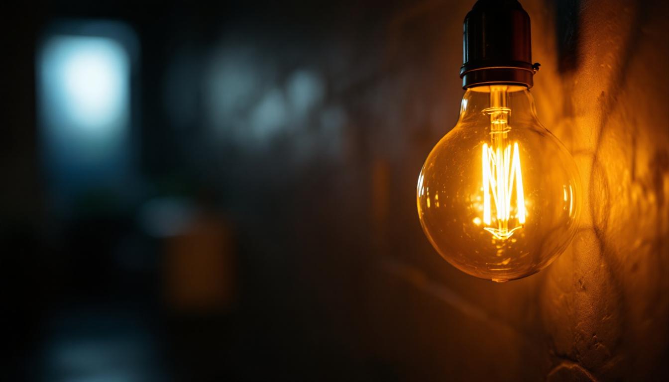 A photograph of a vintage light bulb glowing warmly in a darkened room