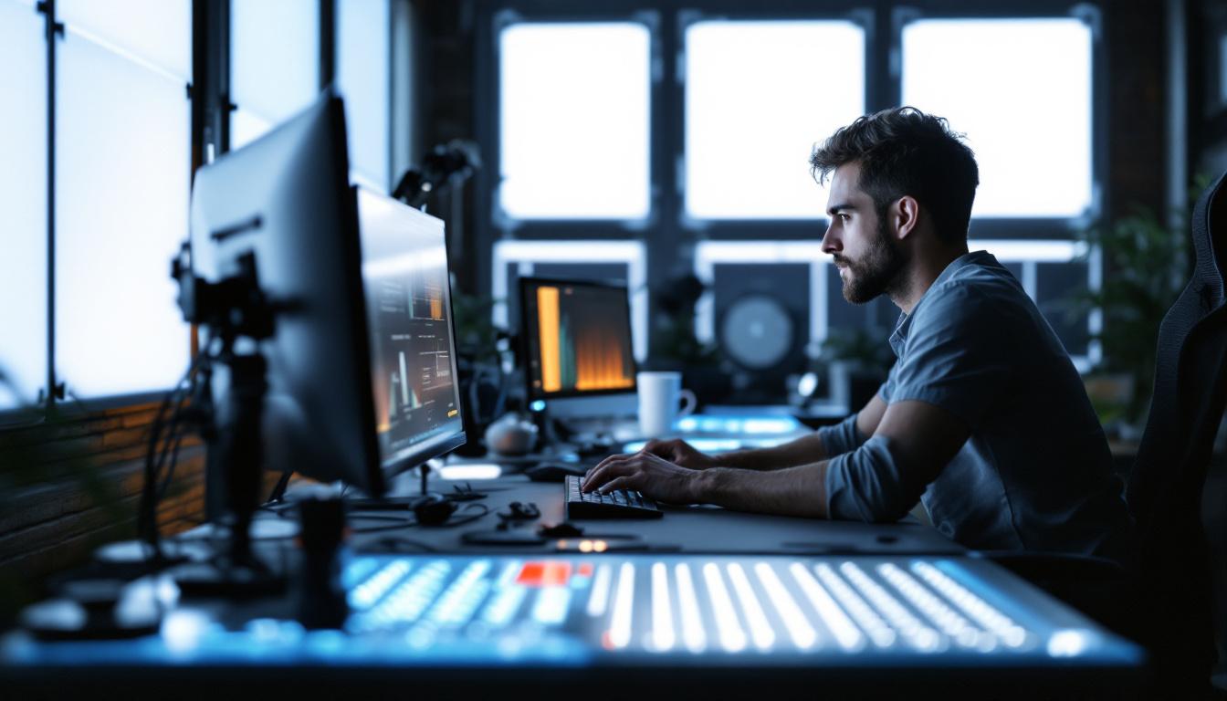 A photograph of a lighting engineer working intently at a workstation surrounded by ultra-thin led panels