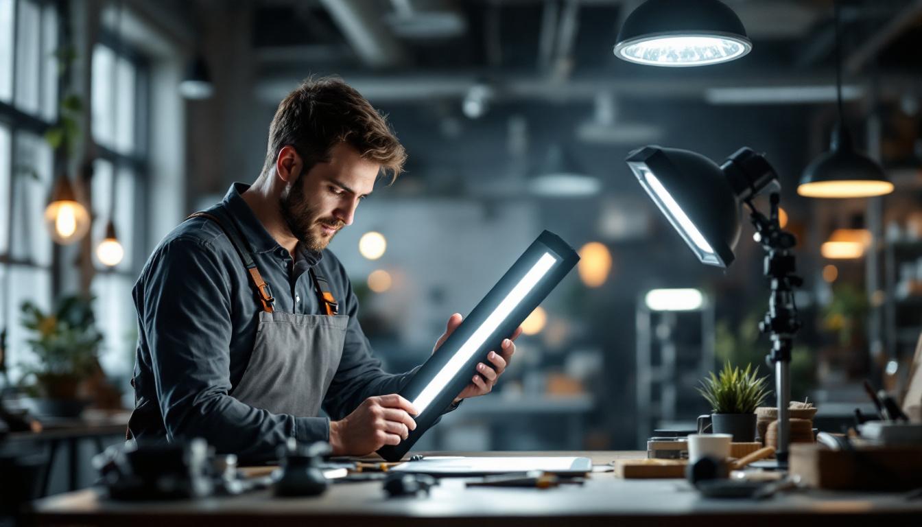A photograph of a lighting engineer analyzing the f032 841 eco lighting fixture in a well-lit workspace