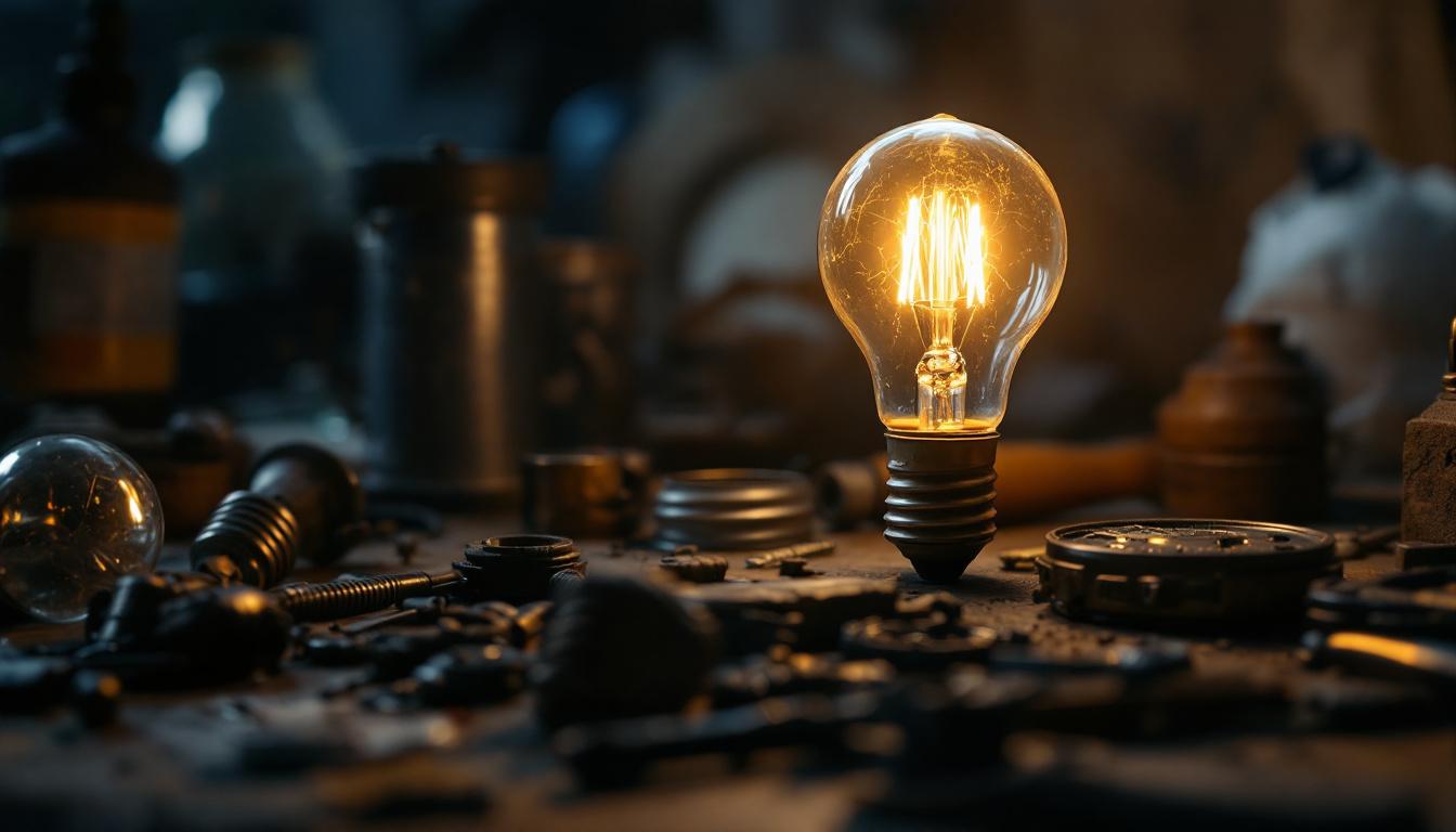 A photograph of a vintage light bulb glowing warmly in a dimly lit setting