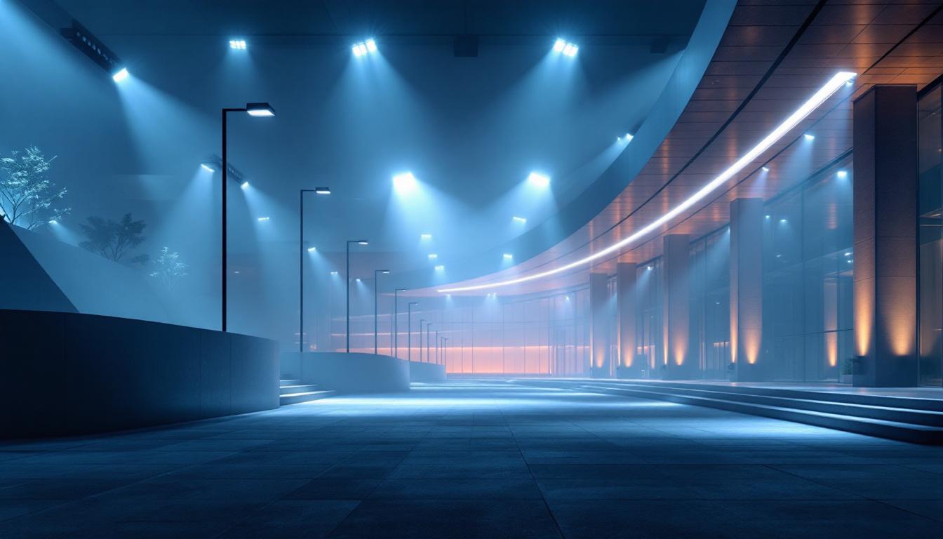 A photograph of a modern architectural setting illuminated by contemporary flood lights