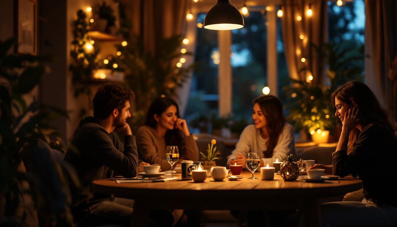 A photograph of a cozy indoor setting illuminated by vintaglo led lights