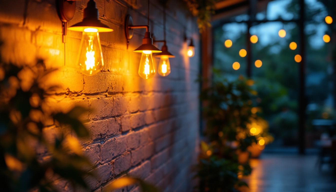 A photograph of a well-lit indoor or outdoor space showcasing various lighting fixtures