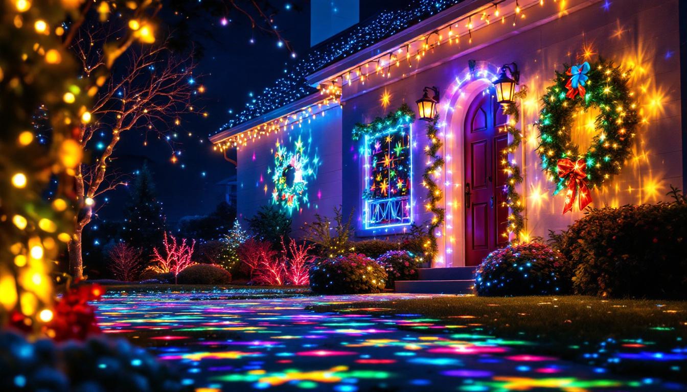 A photograph of a beautifully illuminated outdoor scene featuring various types of projected christmas lights