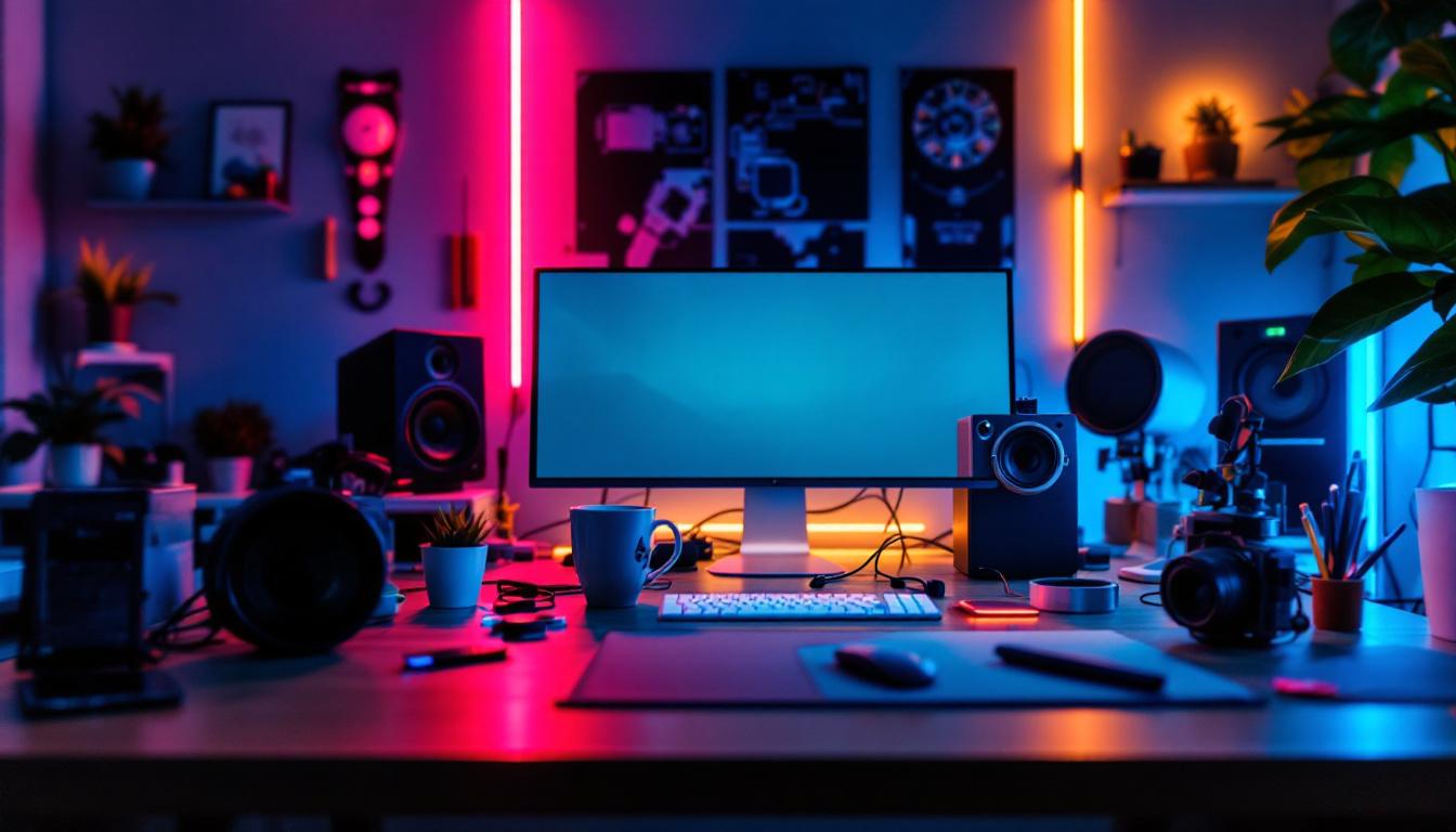 A photograph of a modern workspace featuring aesthetic led lights integrated into an electrical engineer's design setup