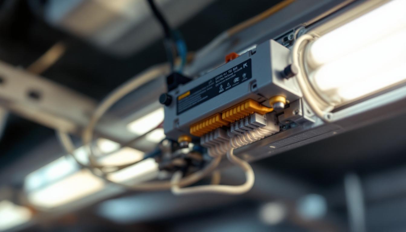 A photograph of a close-up view of a fluorescent tube electronic ballast installed in a lighting fixture