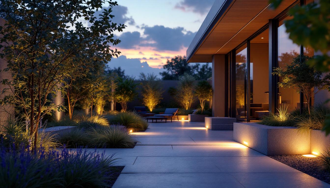 A photograph of a beautifully designed outdoor space featuring recessed led lighting
