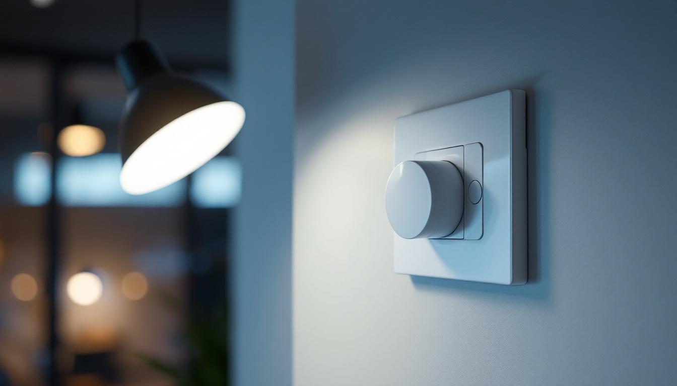 A photograph of capture a photograph of a leviton humidity sensor switch installed in a modern lighting setup