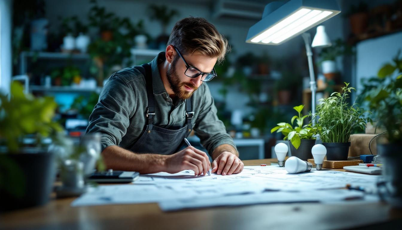 A photograph of a well-lit workspace featuring an electrical engineer examining various led grow bulbs