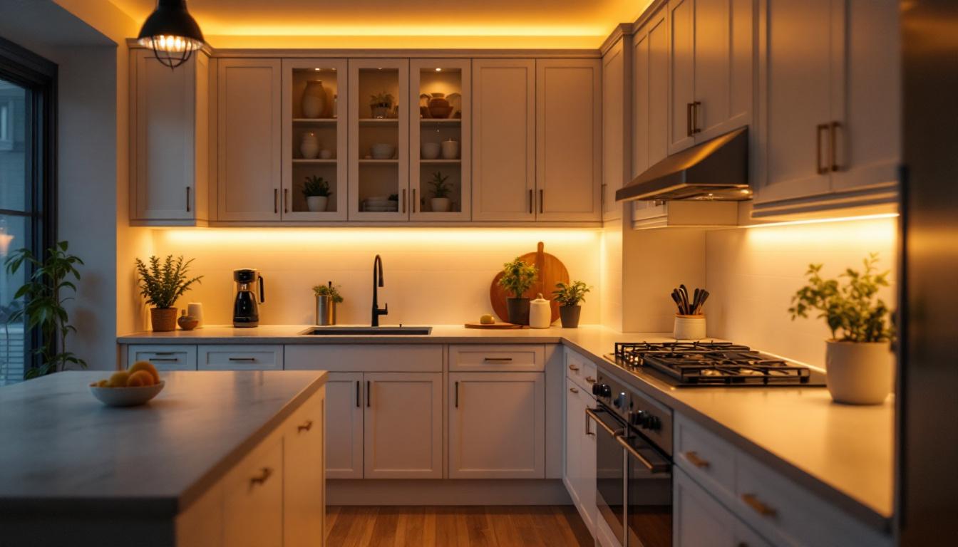 A photograph of a beautifully illuminated kitchen showcasing under-cabinet lighting in action