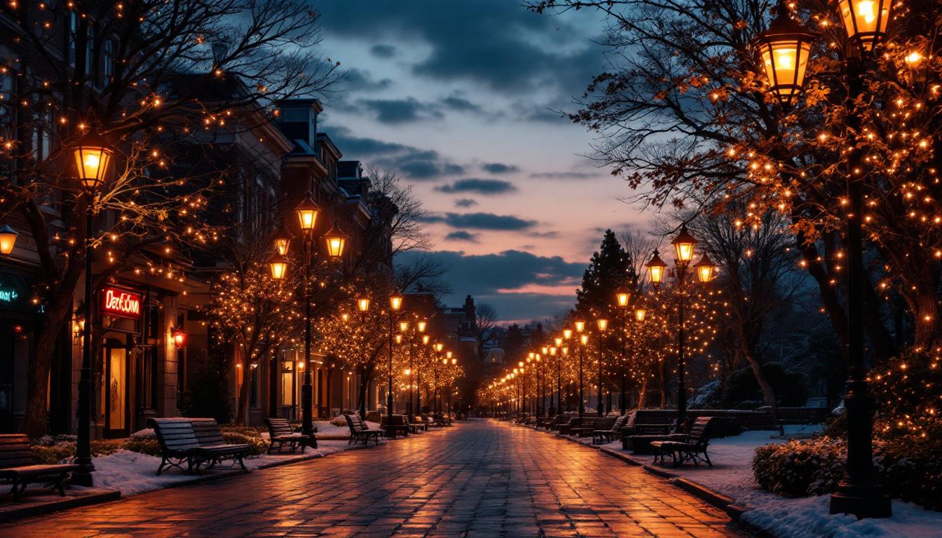 A photograph of a beautifully illuminated outdoor street scene at dusk