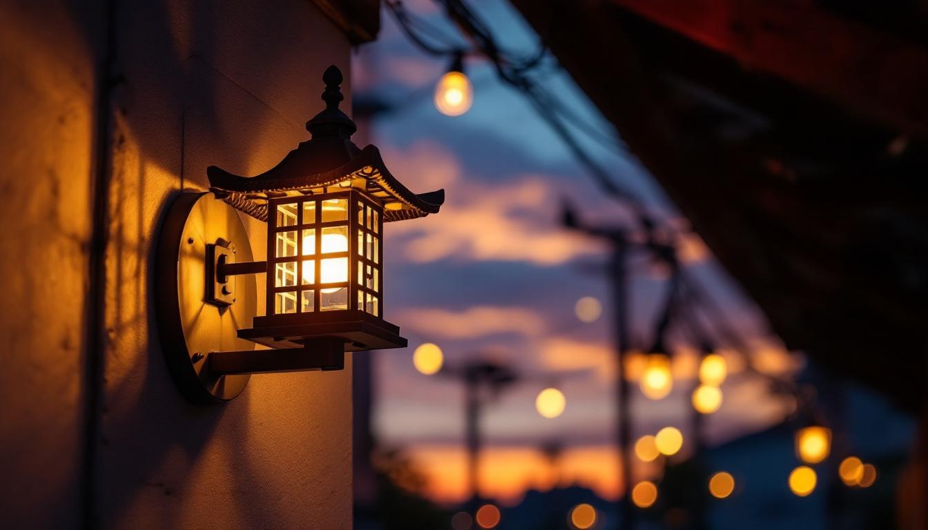 A photograph of a modern pagoda-style light fixture integrated into an outdoor electrical engineering setting