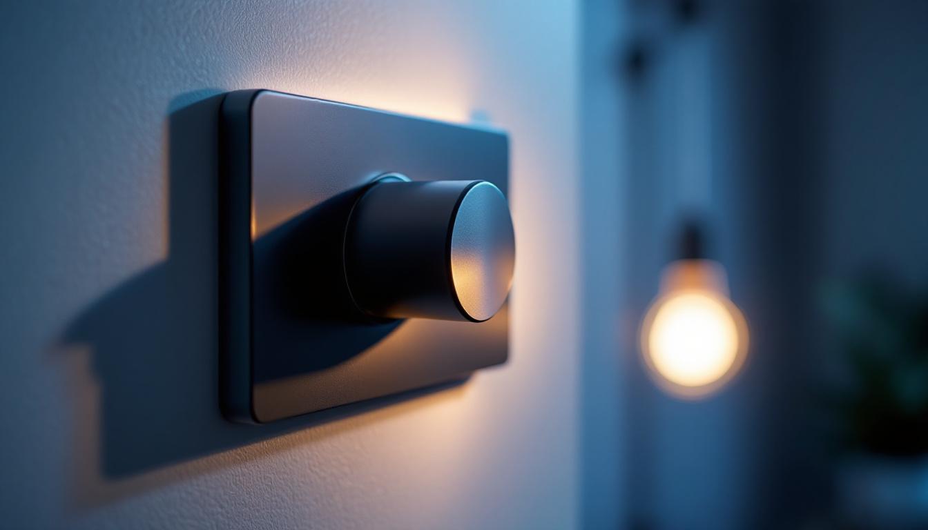 A photograph of a close-up shot of a dimmable switch being used to adjust the brightness of an led bulb in a stylishly lit room