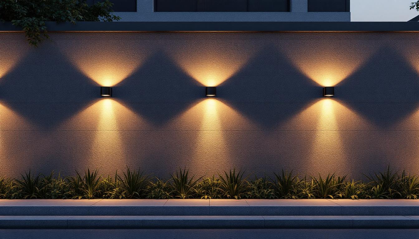 A photograph of a beautifully designed exterior wall illuminated by strategically placed wall lights at dusk