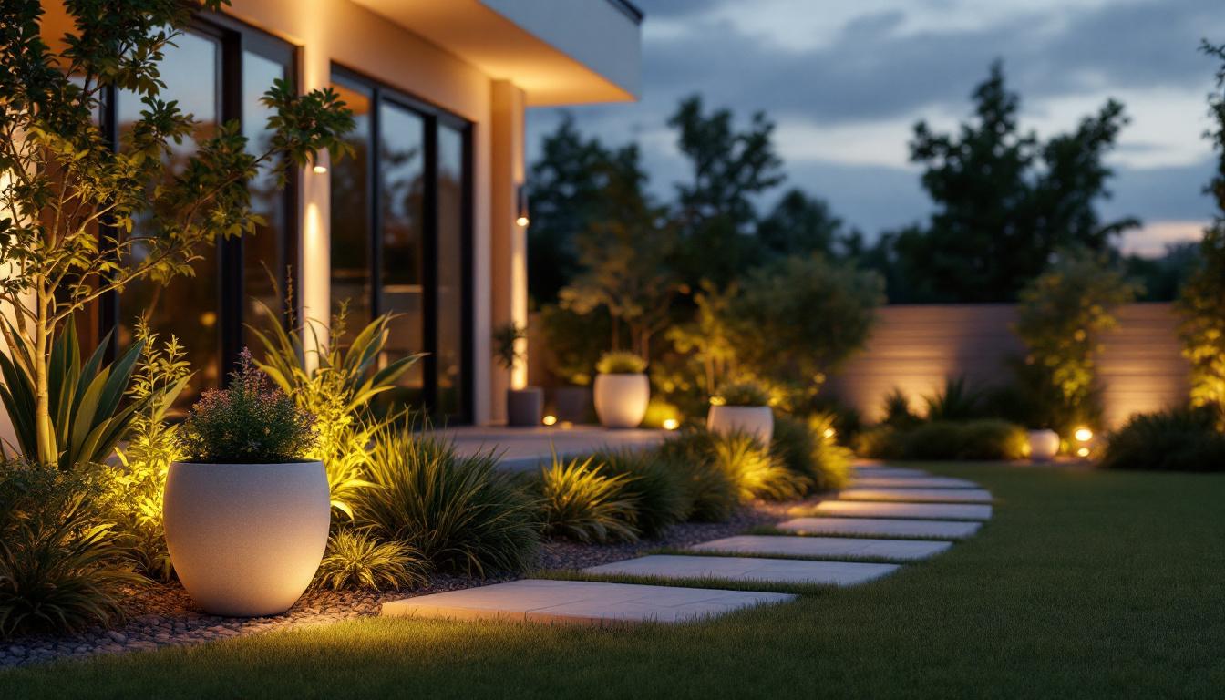 A photograph of a beautifully illuminated outdoor space featuring modern exterior pot lights integrated into a stylish landscape design