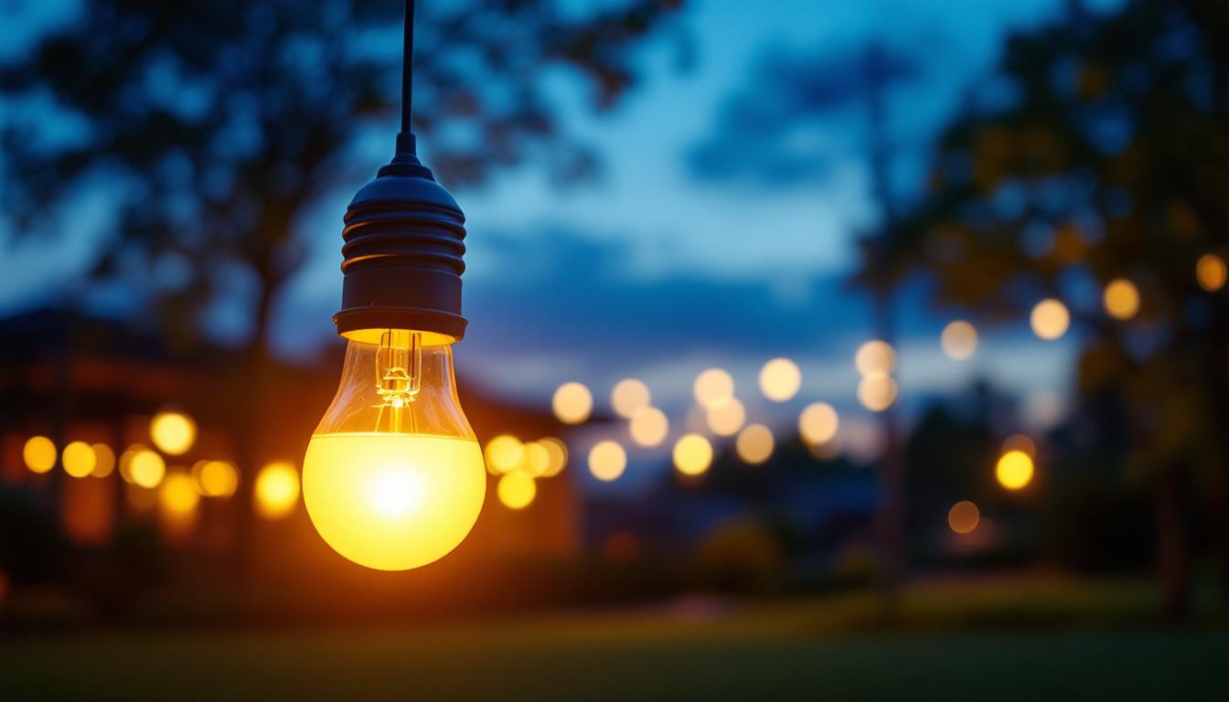 A photograph of a vibrant solar light bulb illuminated at dusk