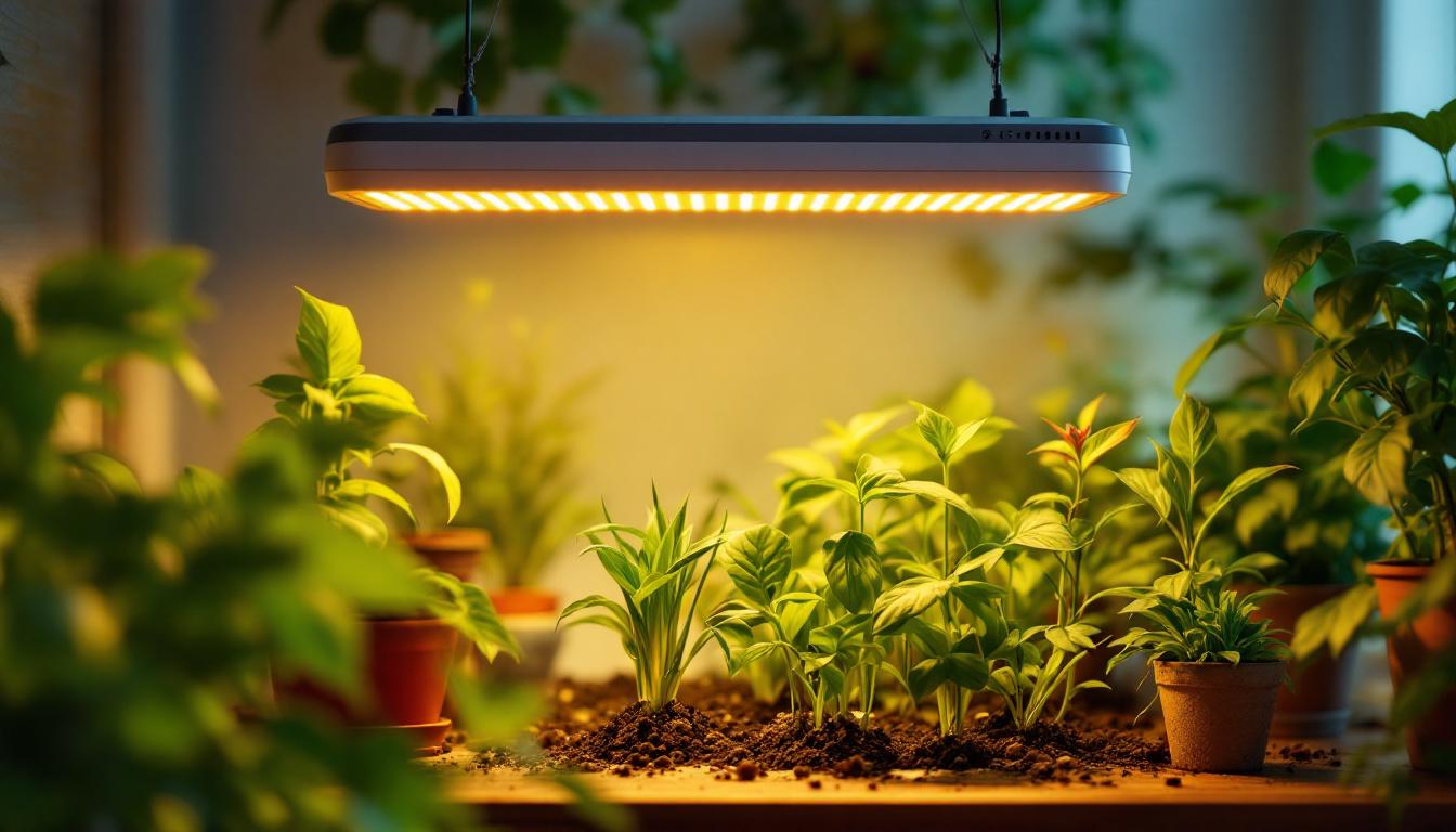 A photograph of a vibrant indoor garden scene illuminated by a 2-foot grow light
