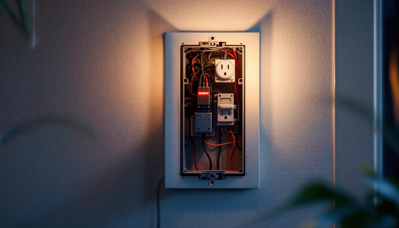 A photograph of a close-up view of a wall light electrical box installed in a home setting
