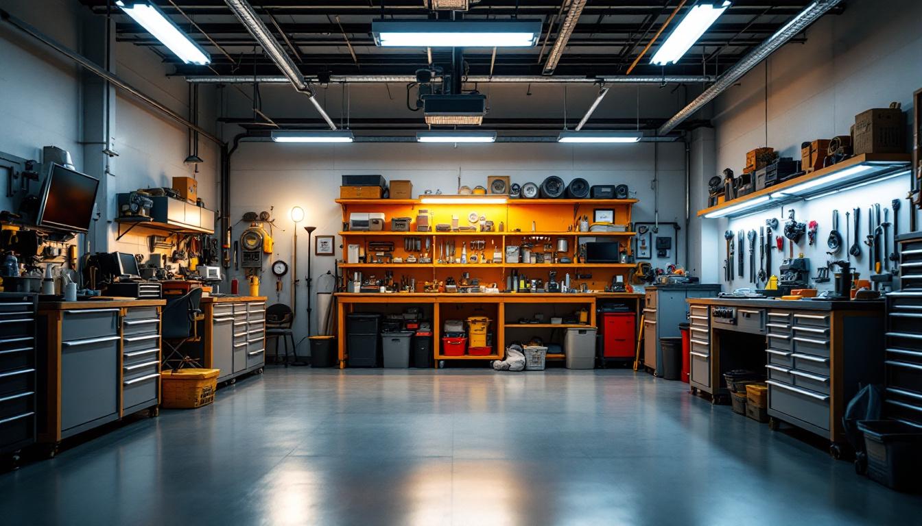 A photograph of a well-lit garage featuring bright