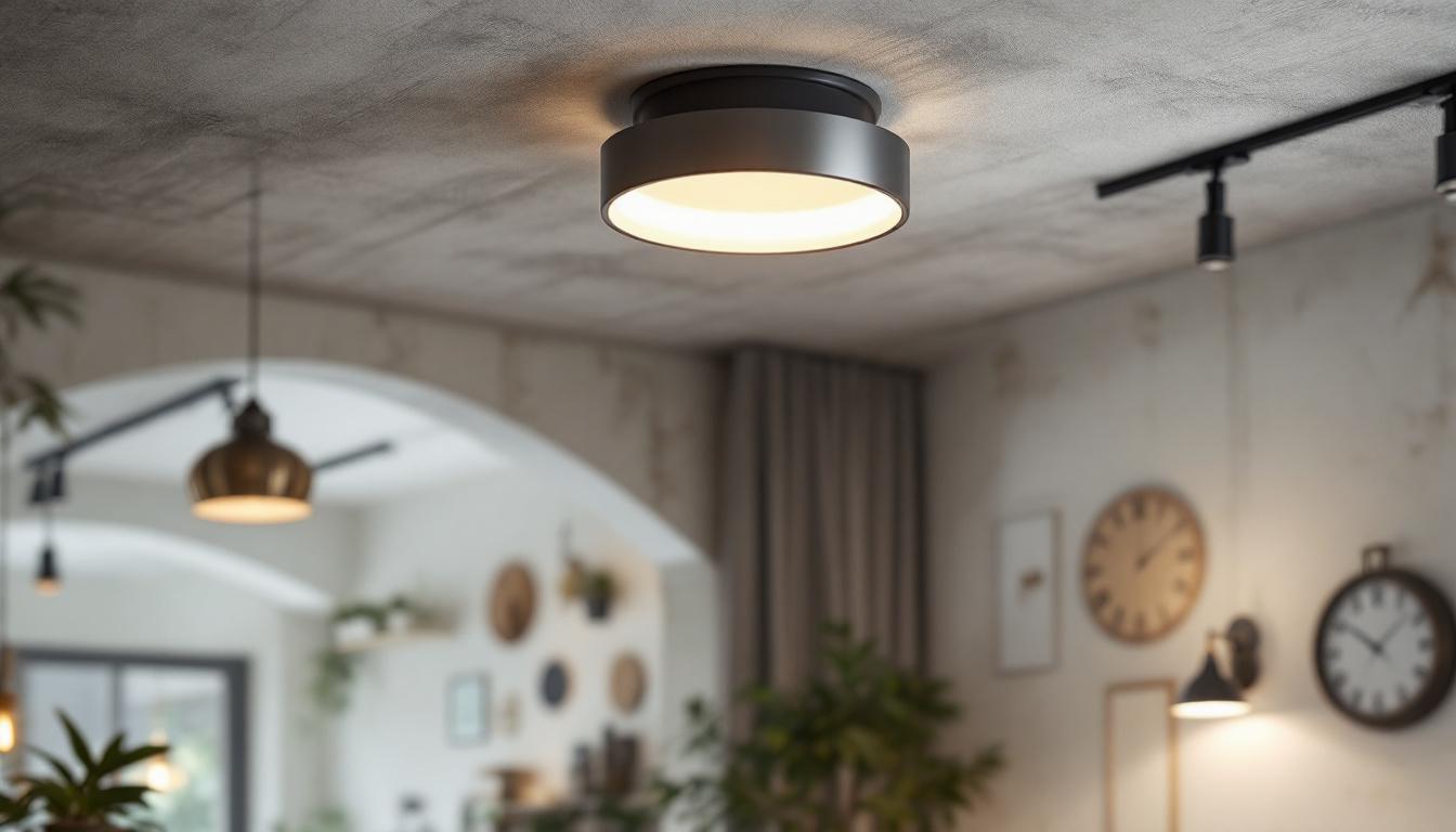 A photograph of a stylish interior space featuring a striking flush mount ceiling light that exemplifies the contrast between industrial and commercial lighting design