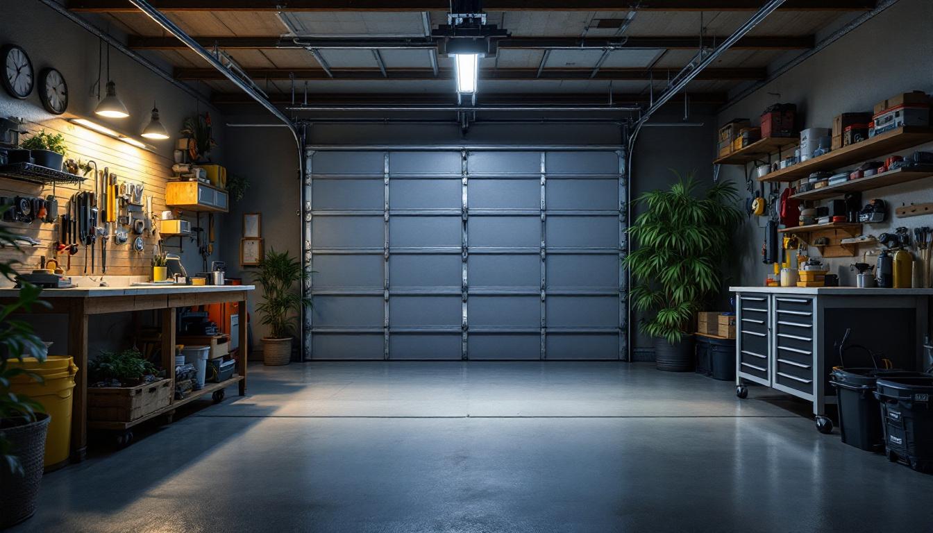 A photograph of a well-lit garage space featuring 4 ft led garage lights in action