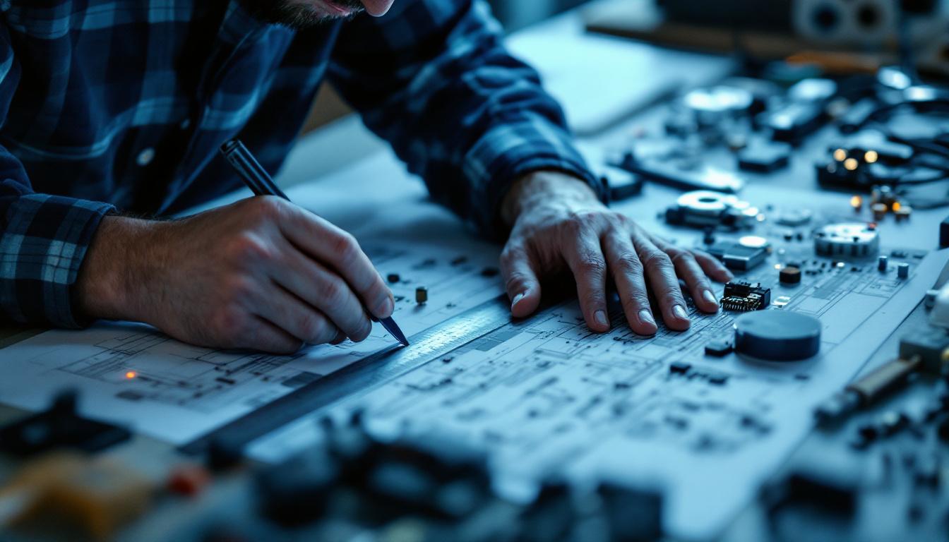 A photograph of a skilled electrical engineer working on a detailed wiring diagram or measuring electrical components with a 6-inch trim ruler in a well-lit workshop